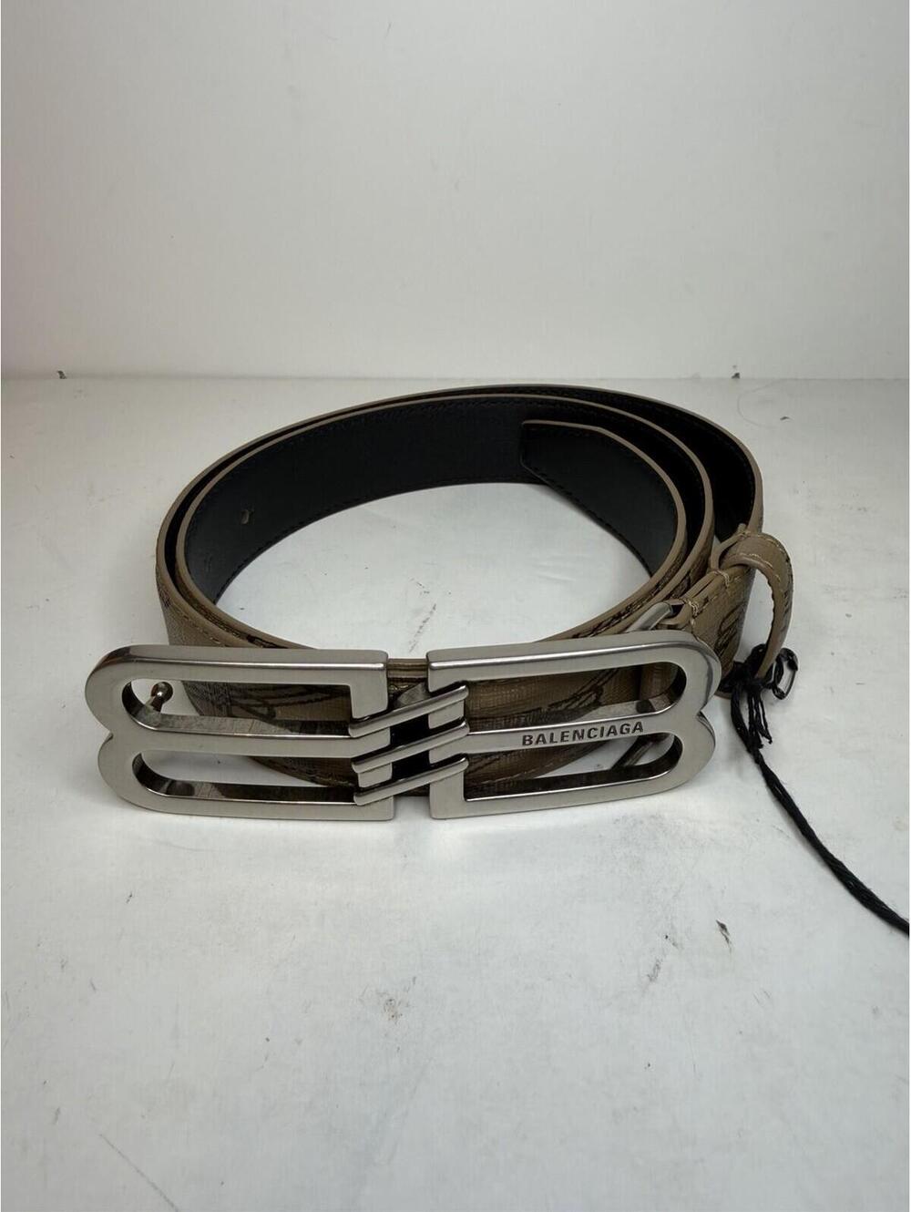 Balenciaga BB Logo Leather Belt Taupe Brown Silver Buckle Size 85 New - Picture 2 of 8